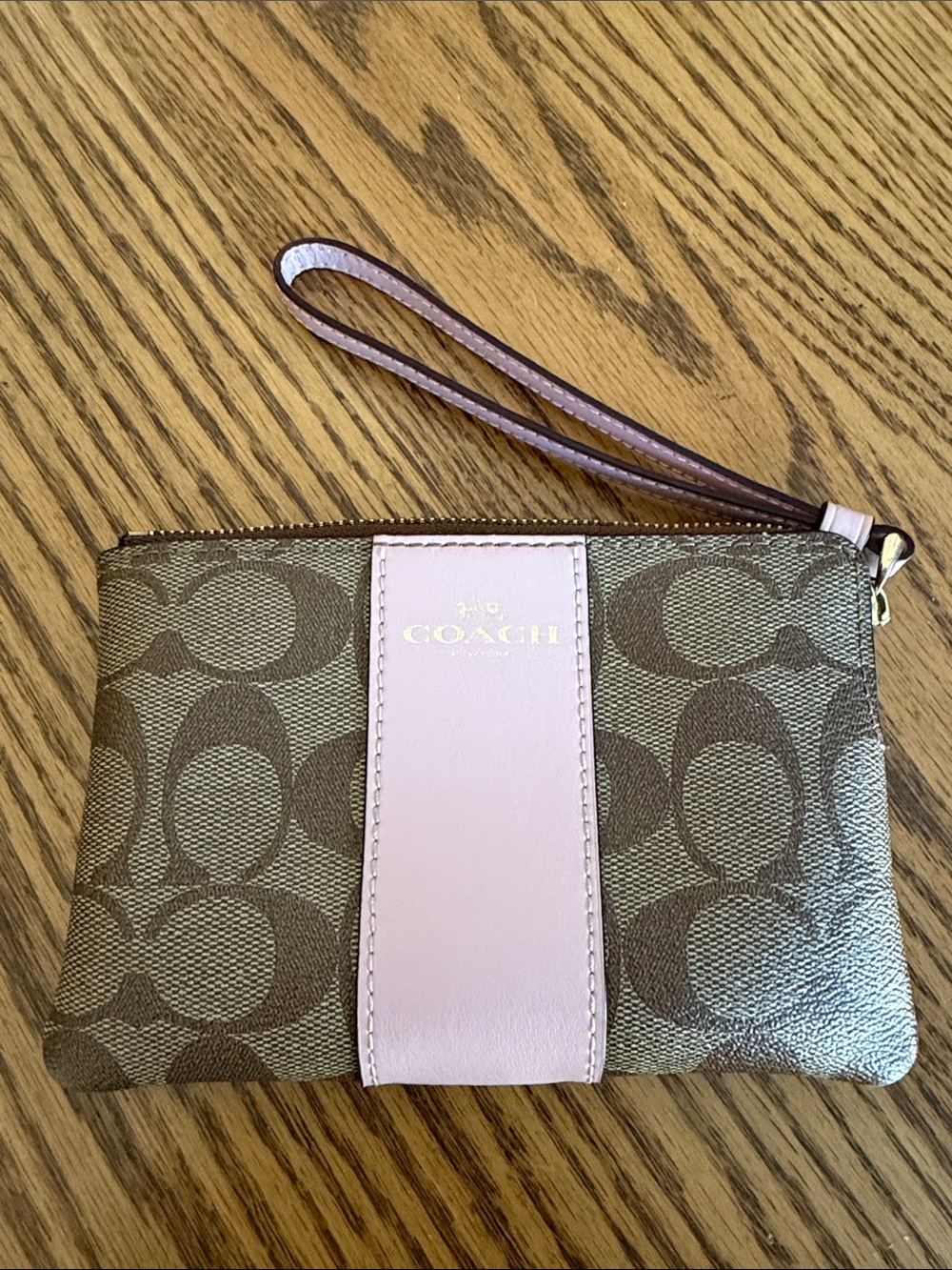 Coach Signature Canvas Wristlet in Brown & Light Pink